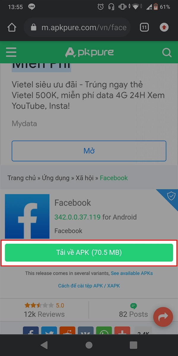 Truy cập APKPure để tải Facebook APK