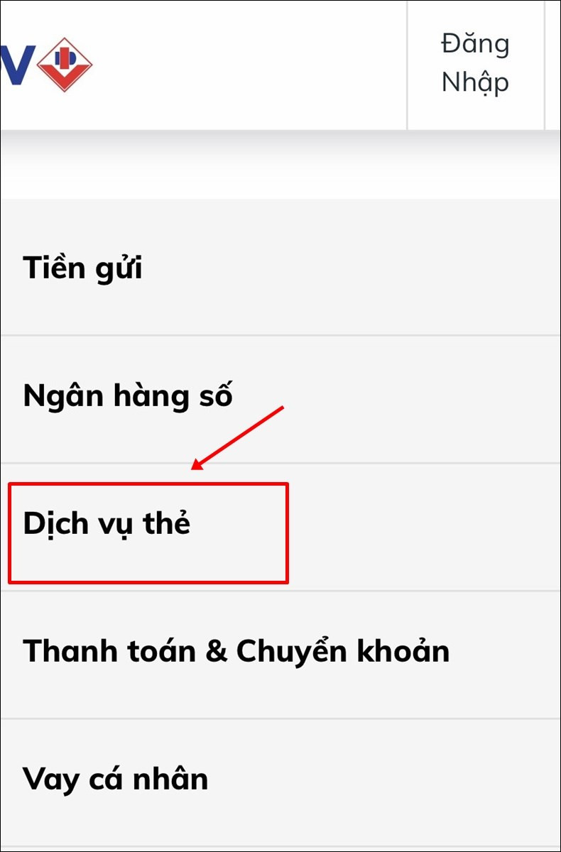 Truy cập website BIDV và chọn Dịch vụ thẻ