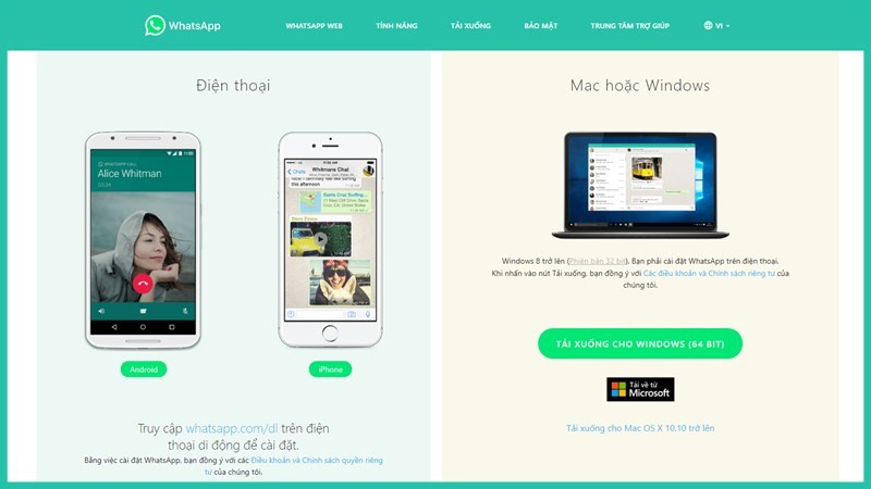 Truy cập website tải WhatsApp