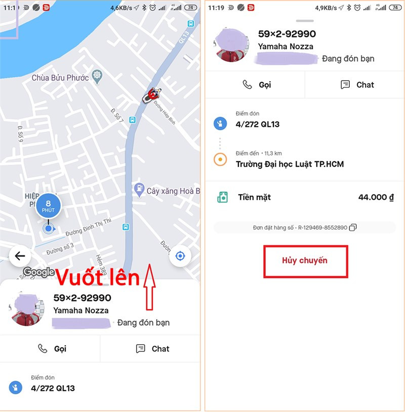 Vuốt lên để hủy chuyến Gojek khi đã có tài xế