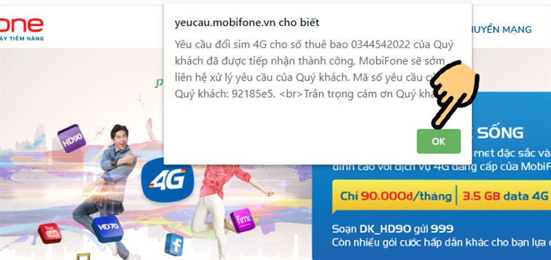 Xác nhận đổi sim 4G MobiFone thành công