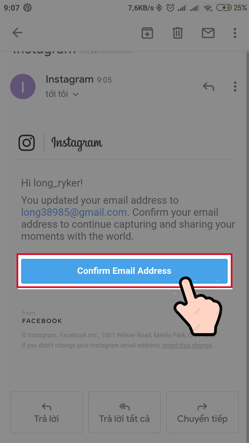 Xác nhận email trên Instagram