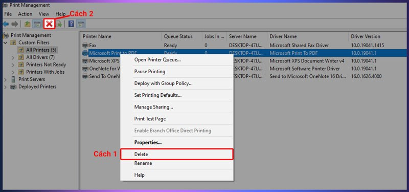 Xóa máy in trong Print Management