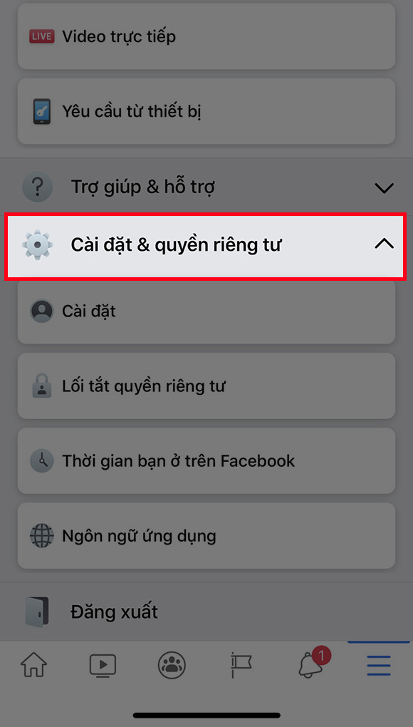 Alt: Chọn Cài đặt và quyền riêng tư rồi chọn Cài đặt