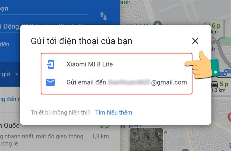 alt: Chọn thiết bị hoặc nhập email để gửi chỉ đường trên Google Maps máy tính.