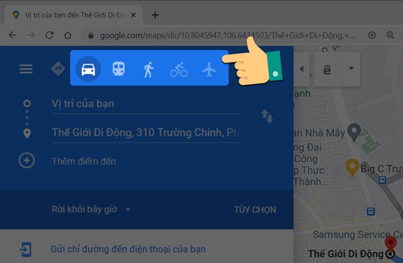 alt: Lựa chọn phương tiện di chuyển trên Google Maps máy tính.