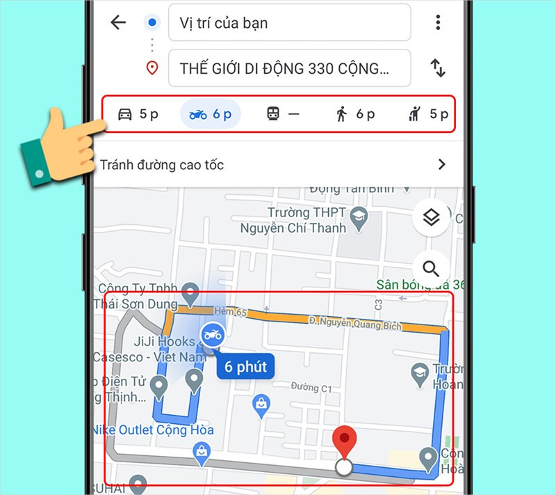 alt: Lựa chọn phương tiện di chuyển trên Google Maps.