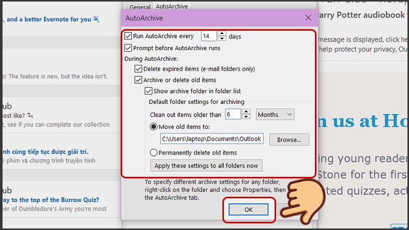 Alt text: Cài đặt AutoArchive trong Outlook