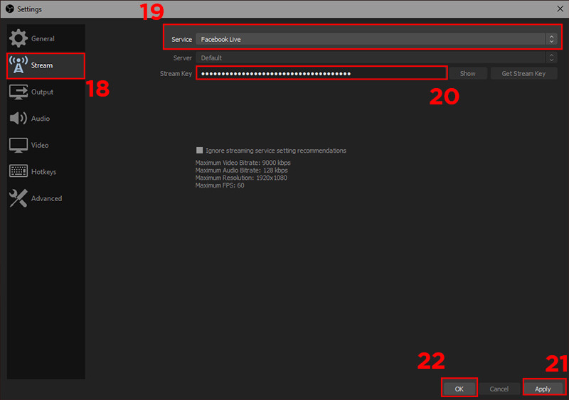 alt text: Cài đặt Stream trong OBS Studio, bao gồm lựa chọn dịch vụ Facebook Live và nhập khóa luồng.
