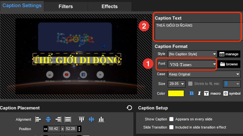 alt text: Chọn font VNI và nhập nội dung trong Proshow Producer