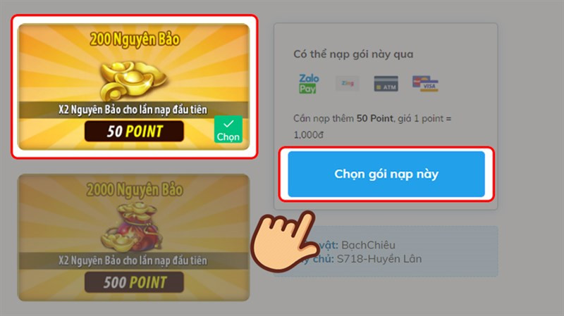 alt text: Chọn gói nạp trong VLTK Mobile