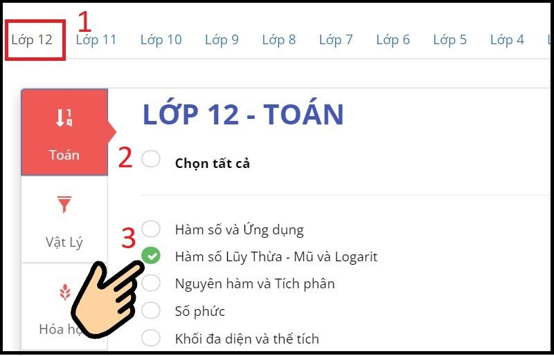 alt text: Chọn khối lớp, môn học và bài kiểm tra trên 789.vn