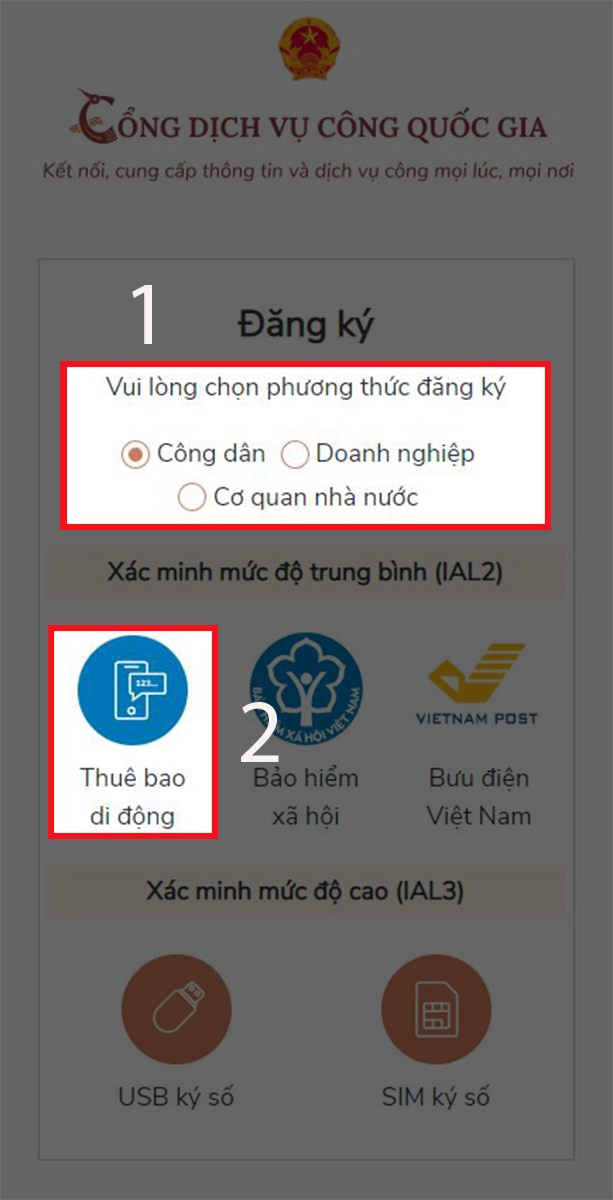 alt text: Chọn phương thức đăng ký tài khoản