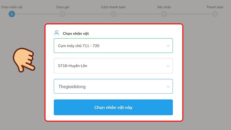 alt text: Chọn server và nhân vật trong VLTK Mobile