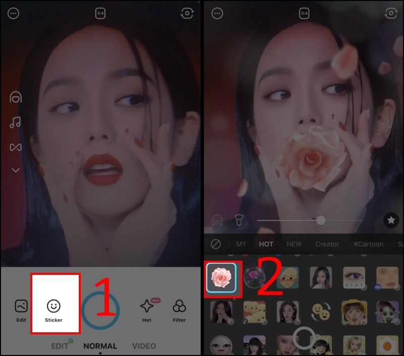 alt text: Chọn sticker và filter trên ứng dụng Snow