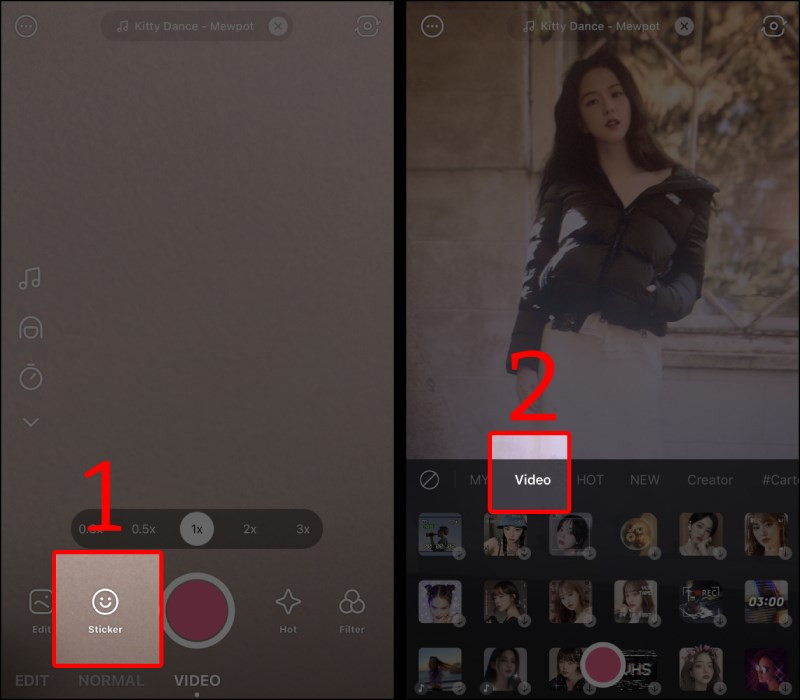 alt text: Chọn sticker video trên ứng dụng Snow