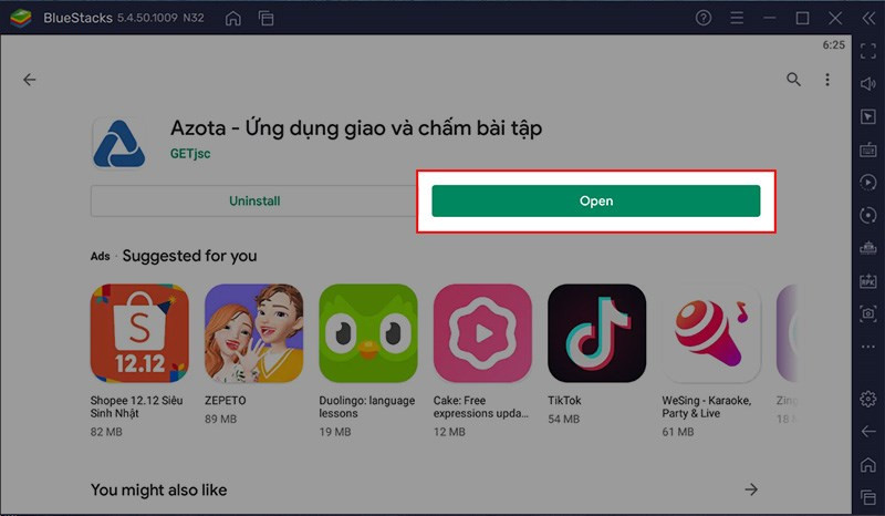 Alt text: Giao diện Azota trên BlueStacks