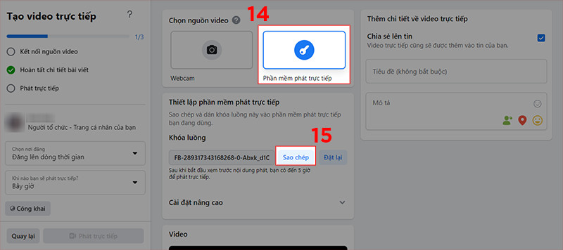 alt text: Giao diện Facebook Live hiển thị phần thiết lập video trực tiếp và khóa luồng.