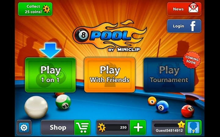 alt text: Giao diện game 8 Ball Pool hiển thị thông tin về tiền vàng, cấp độ, và các tùy chọn chơi