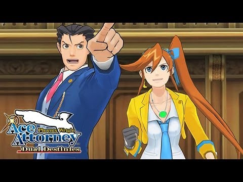 Alt text: Giao diện game Ace Attorney: Dual Destinies với hình ảnh các nhân vật chính