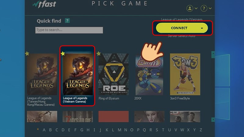 alt text: Giao diện phần mềm WTFast, hướng dẫn lựa chọn game Liên Minh Huyền Thoại