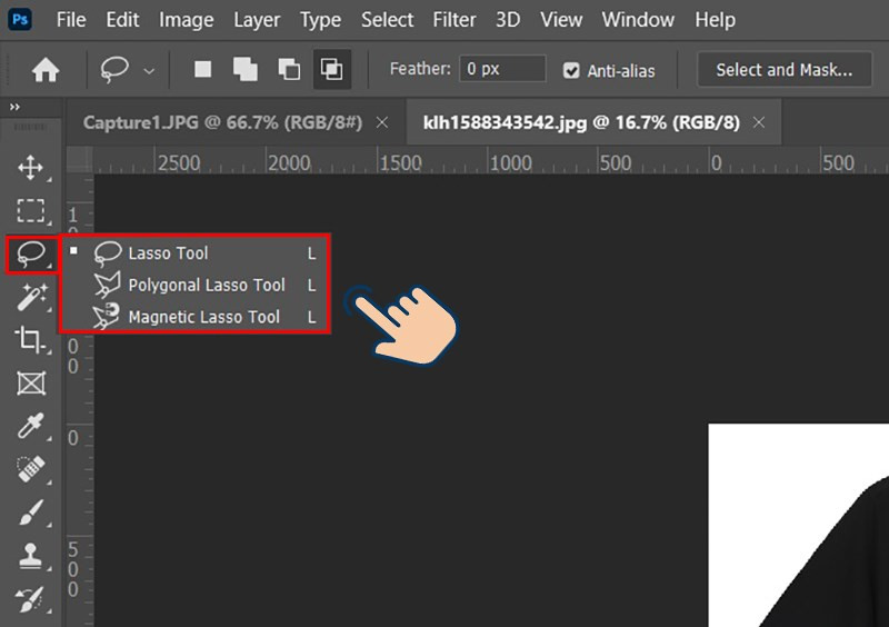 alt text: Giao diện Photoshop với công cụ Lasso Tool được chọn