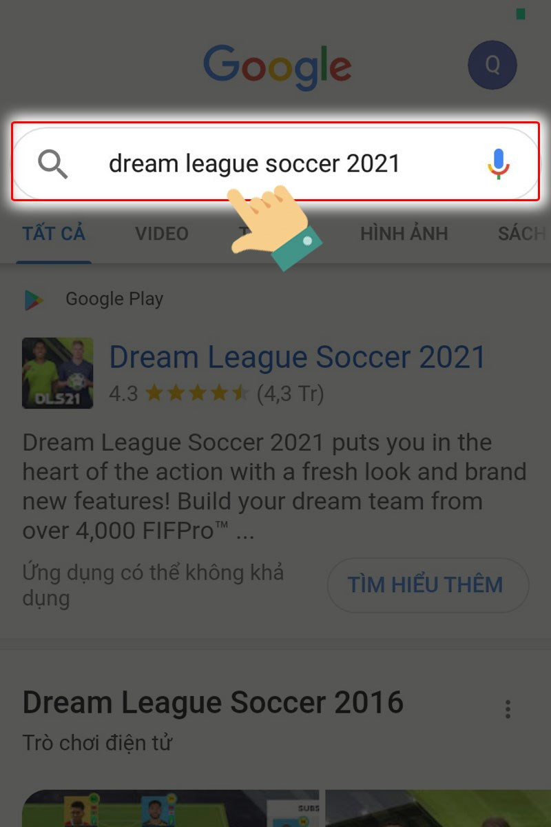 alt text: Giao diện tìm kiếm trên trình duyệt web với từ khóa "Dream League Soccer 2021"