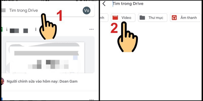 alt text: Giao diện tìm kiếm video trong ứng dụng Google Drive