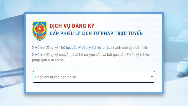 alt text: Giao diện trang chủ đăng ký lý lịch tư pháp trực tuyến