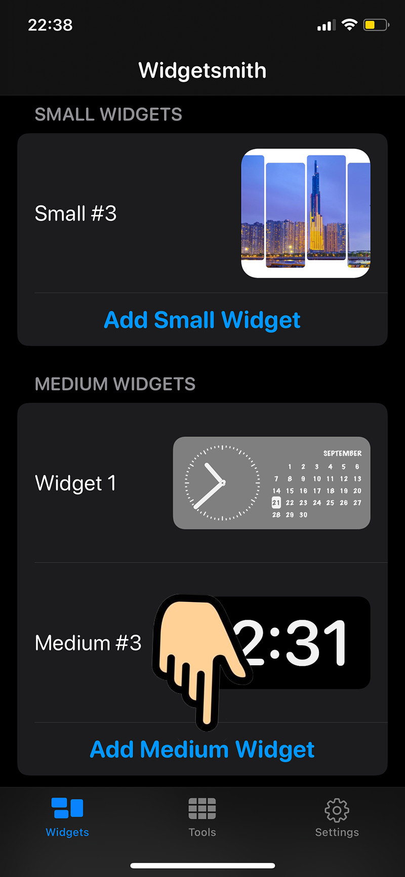 alt text: Giao diện Widgetsmith với các tùy chọn kích thước widget