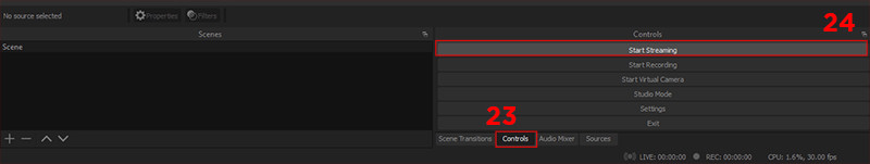 alt text: Hình ảnh hiển thị nút Start Streaming trên giao diện OBS Studio.