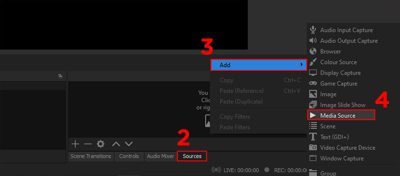 alt text: Hình ảnh hướng dẫn thêm nguồn video vào OBS Studio thông qua Media Source.