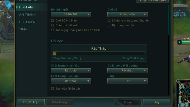 alt text: Hình ảnh minh họa phần cài đặt đồ họa trong game Liên Minh Huyền Thoại