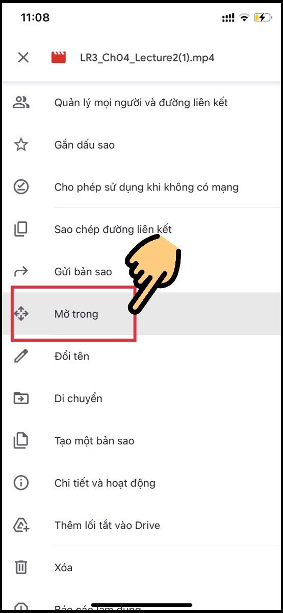 alt text: Lựa chọn "Mở trong" để tải video