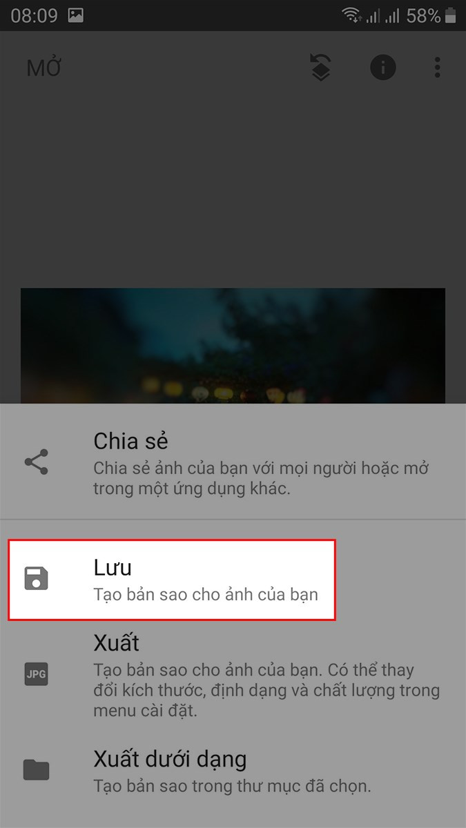 alt text: Lưu ảnh đã chỉnh sửa trong Snapseed