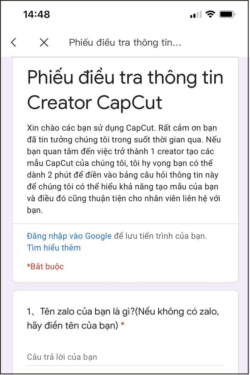 alt text: Mẫu đơn đăng ký tham gia chương trình sáng tạo video trên CapCut