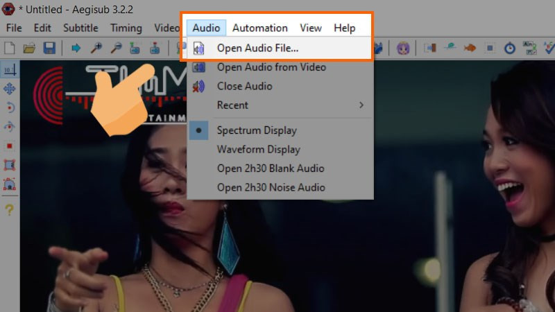 alt text: Mở file âm thanh trong Aegisub