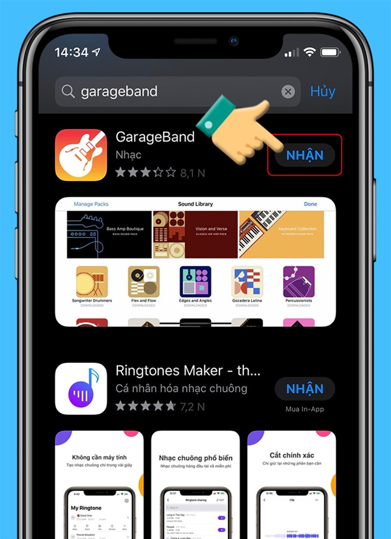 alt text: Nhấn nút "Nhận" để tải GarageBand.