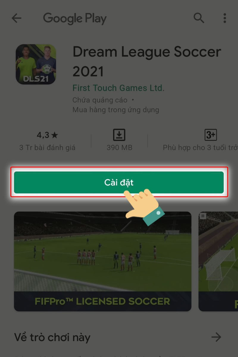 alt text: Nút "Cài đặt" trên Google Play Store cho game Dream League Soccer 2021