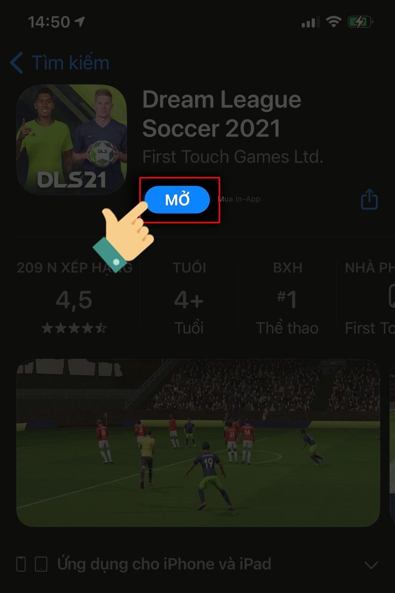 alt text: Nút "Mở" trên App Store sau khi cài đặt Dream League Soccer 2021