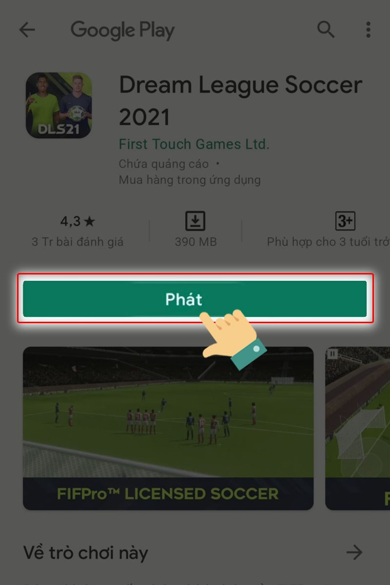 alt text: Nút "Phát" trên Google Play Store sau khi cài đặt Dream League Soccer 2021