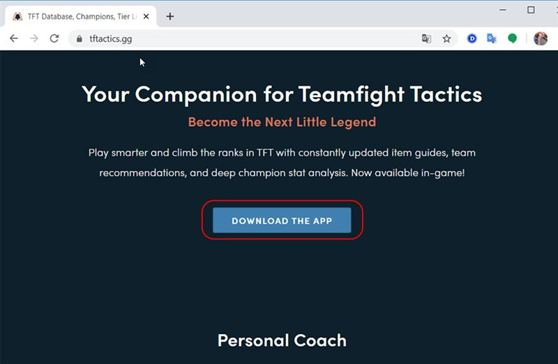 alt text: Nút tải xuống ứng dụng TFTactics trên trang web