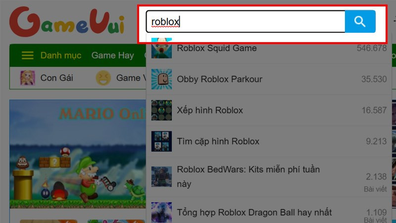 alt text: Tìm kiếm game Roblox trên Gamevui