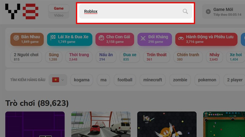 alt text: Tìm kiếm game Roblox trên Y8