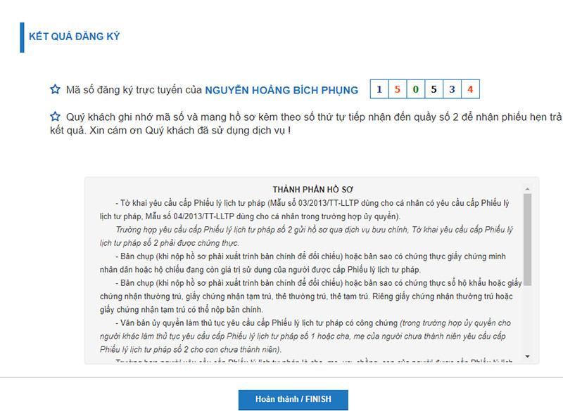 alt text: Xác nhận thông tin và hoàn tất đăng ký lý lịch tư pháp