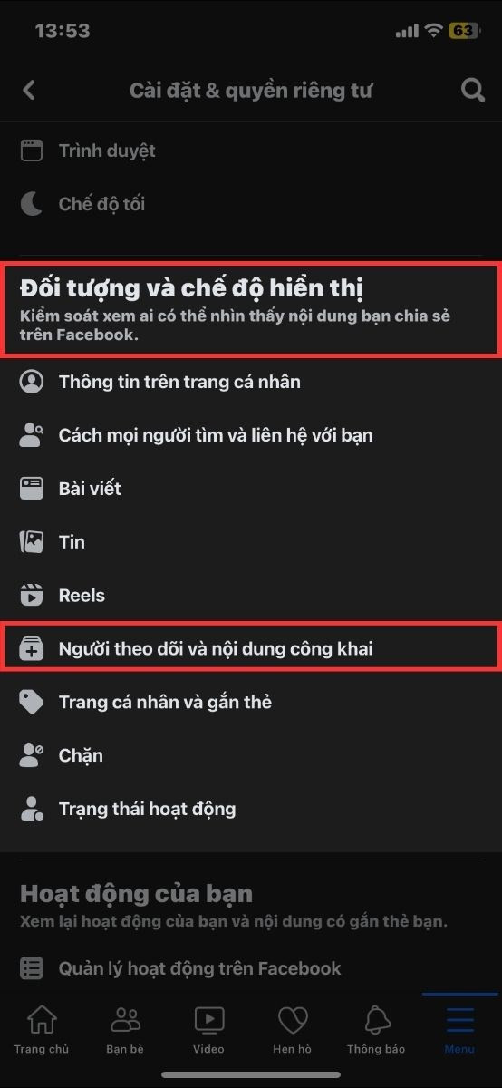 Alt: Tìm đến mục Đối tượng và chế độ hiển thị và chọn Người theo dõi và nội dung công khai