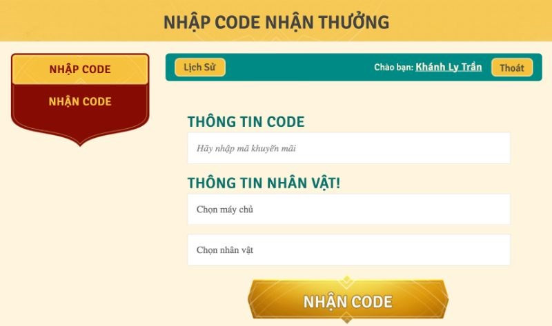 Ấn Nhận Code sau khi điền đủ th&ocirc;ng tin 