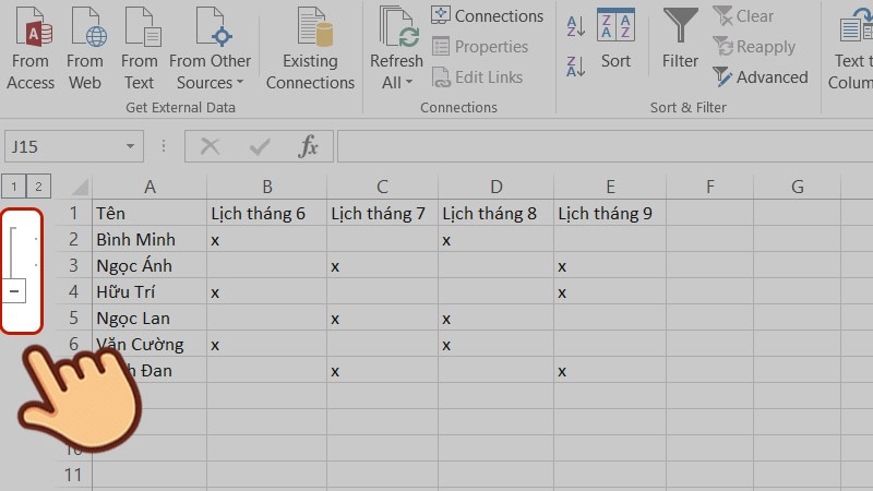 Ẩn nhóm hàng trong Excel