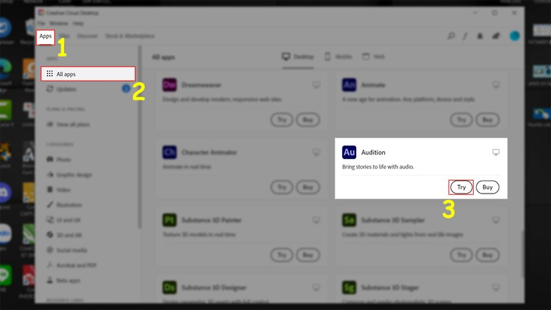 Bạn nhấn vào mục App > Chọn All apps > Nhấn vào Try ở phần Adobe Audition