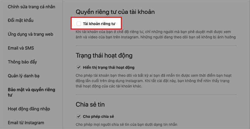 Bật chế độ tài khoản riêng tư trên Instagram máy tính